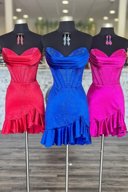 Glitter Strapless Satin Homecoming Dress With Beading And Ruffled Hem AS272