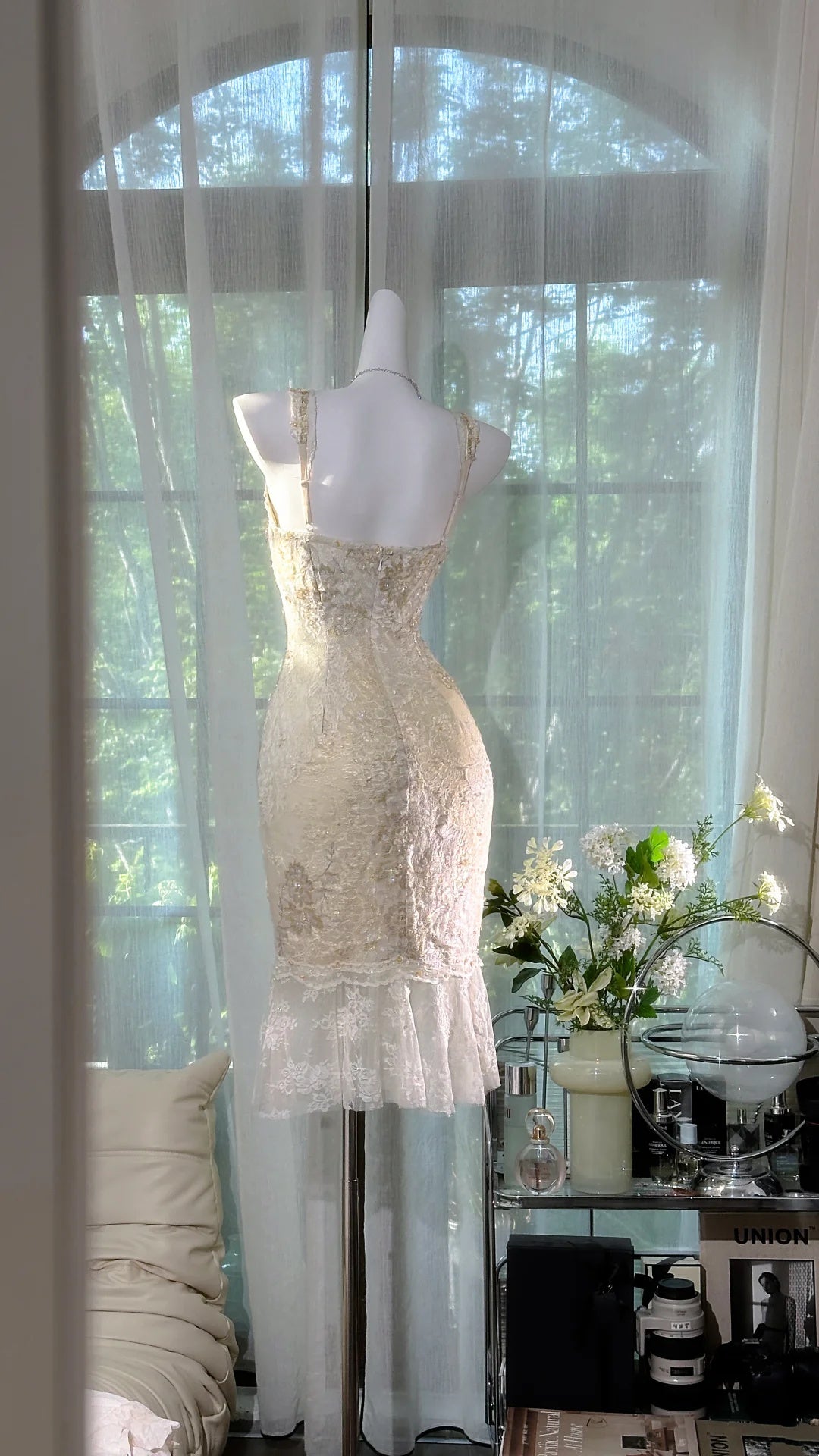 Luxurious Ivory V Neck Sleeveless Lace Beaded Mermaid Midi Homecoming Dress AS2721