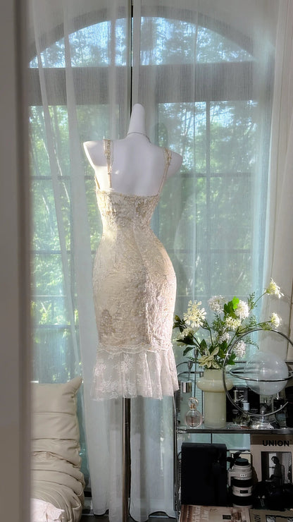 Luxurious Ivory V Neck Sleeveless Lace Beaded Mermaid Midi Homecoming Dress AS2721