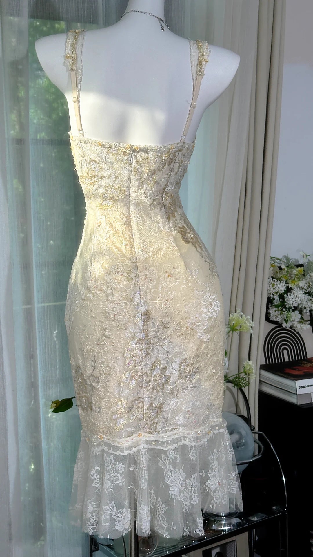 Luxurious Ivory V Neck Sleeveless Lace Beaded Mermaid Midi Homecoming Dress AS2721