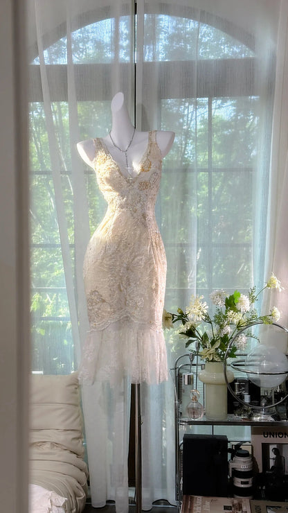 Luxurious Ivory V Neck Sleeveless Lace Beaded Mermaid Midi Homecoming Dress AS2721