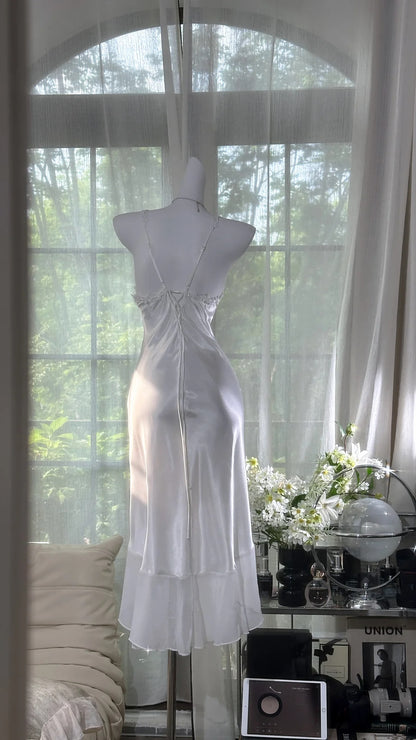 Graceful White Spaghetti Strap V Neck Lace Beaded Satin Ruffle Hem Sheath Midi Homecoming Dress AS2722