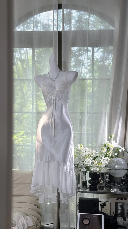 Graceful White Spaghetti Strap V Neck Lace Beaded Satin Ruffle Hem Sheath Midi Homecoming Dress AS2722