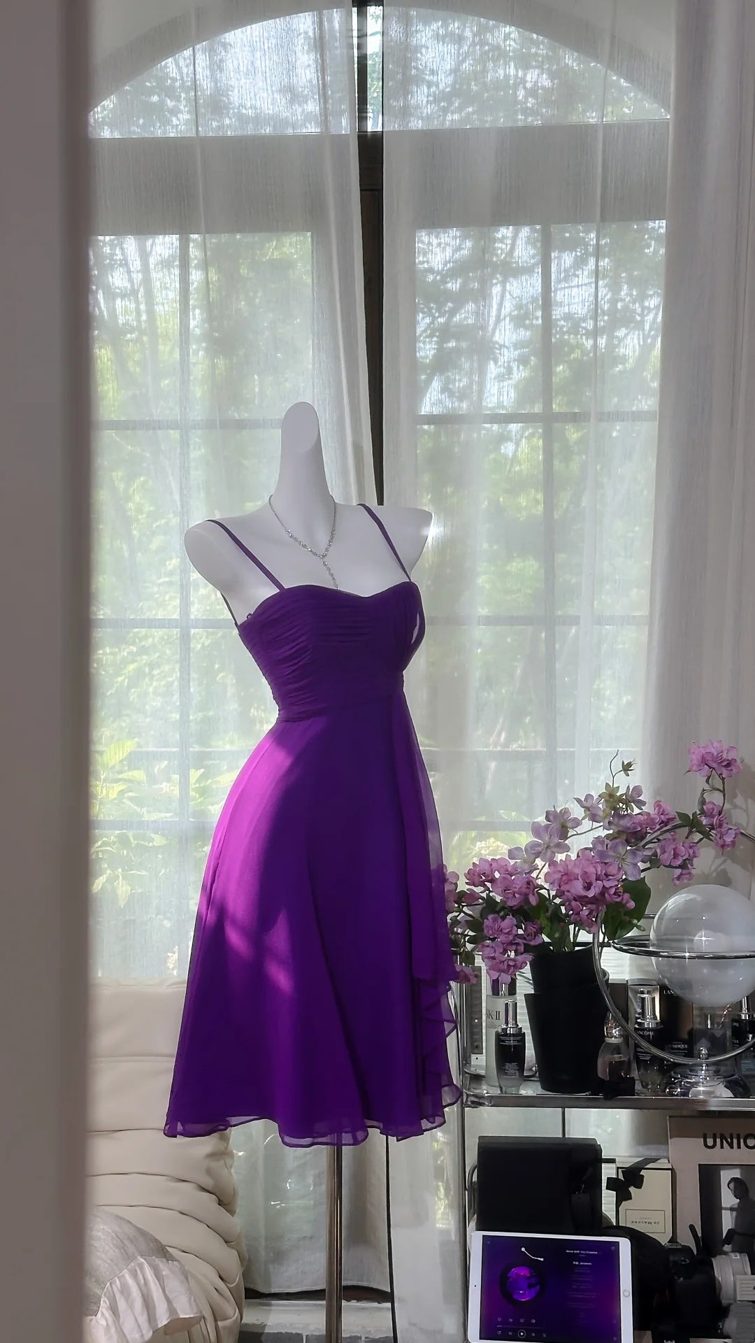 Stunning Purple Spaghetti Strap Sweetheart Ruched Chiffon Flowy A Line Midi Homecoming Dress AS2725