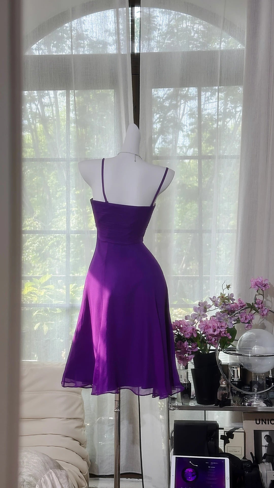 Stunning Purple Spaghetti Strap Sweetheart Ruched Chiffon Flowy A Line Midi Homecoming Dress AS2725