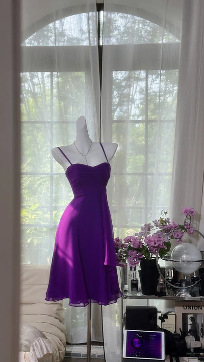 Stunning Purple Spaghetti Strap Sweetheart Ruched Chiffon Flowy A Line Midi Homecoming Dress AS2725