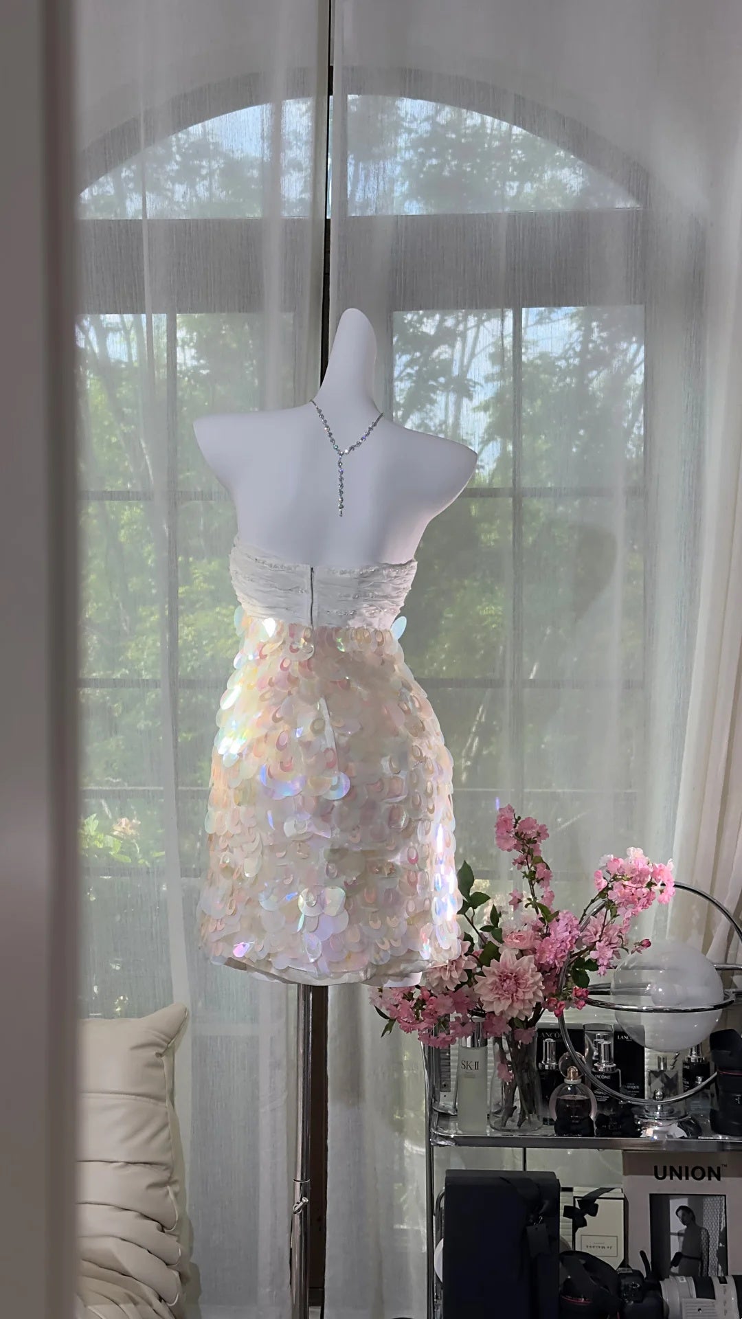 Dazzling Iridescent White Strapless Ruched Bodice Large Sequin Bodycon Short Homecoming Dress AS2726
