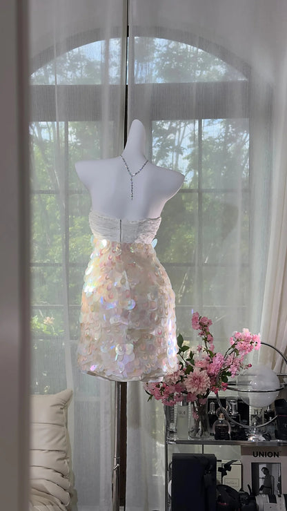 Dazzling Iridescent White Strapless Ruched Bodice Large Sequin Bodycon Short Homecoming Dress AS2726