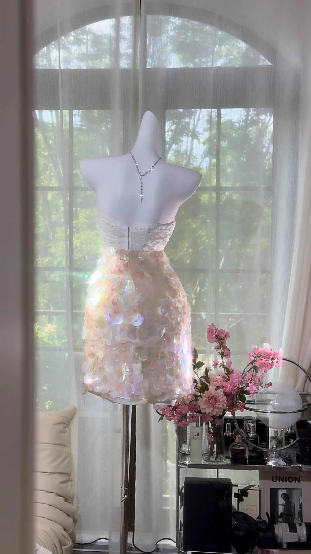 Dazzling Iridescent White Strapless Ruched Bodice Large Sequin Bodycon Short Homecoming Dress AS2726