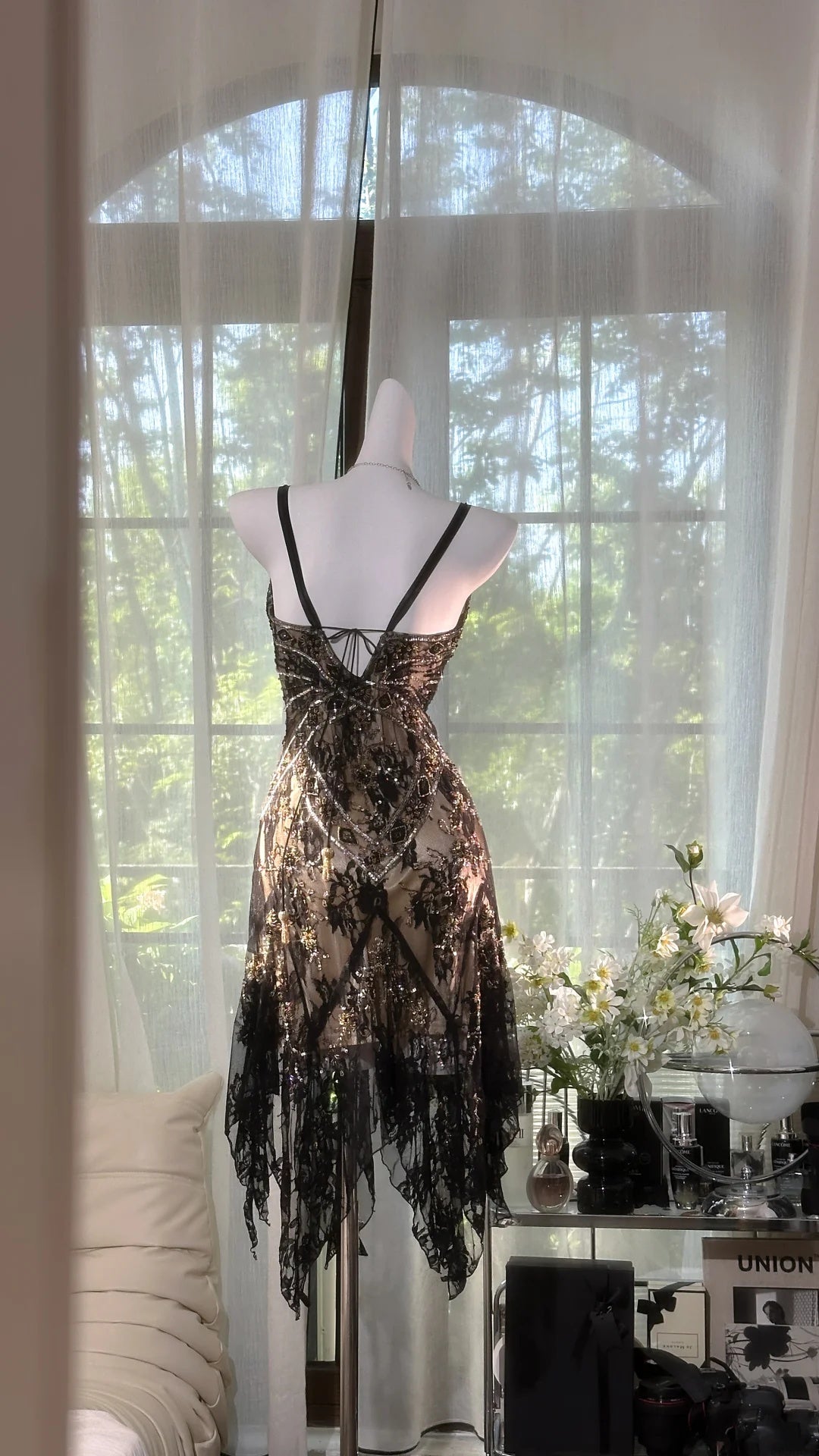 Glam Black Spaghetti Strap V Neck Beaded Lace Irregular Hem Sheath Midi Homecoming Dress AS2727