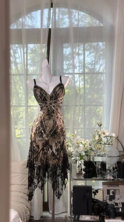Glam Black Spaghetti Strap V Neck Beaded Lace Irregular Hem Sheath Midi Homecoming Dress AS2727