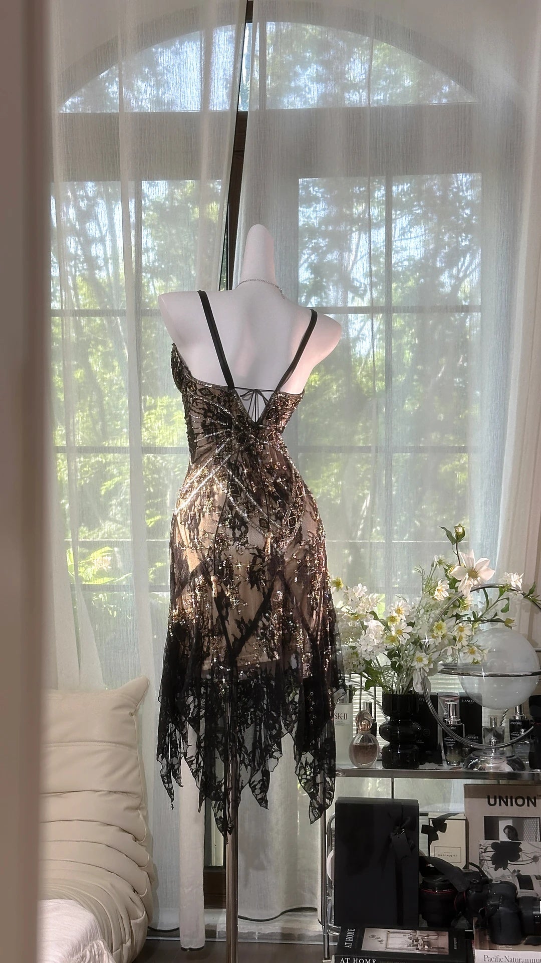Glam Black Spaghetti Strap V Neck Beaded Lace Irregular Hem Sheath Midi Homecoming Dress AS2727