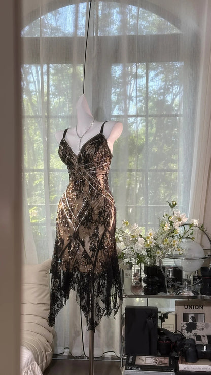 Glam Black Spaghetti Strap V Neck Beaded Lace Irregular Hem Sheath Midi Homecoming Dress AS2727