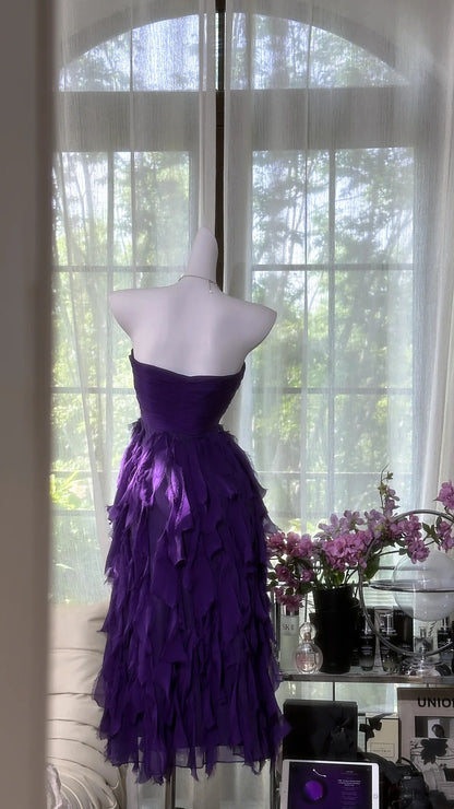 Striking Purple Strapless Sweetheart Ruched Bodice Layered Fringe A Line Midi Homecoming Dress AS2728