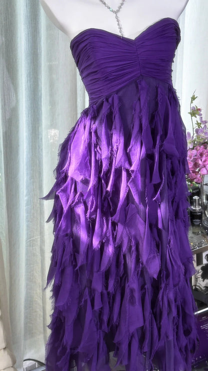 Striking Purple Strapless Sweetheart Ruched Bodice Layered Fringe A Line Midi Homecoming Dress AS2728