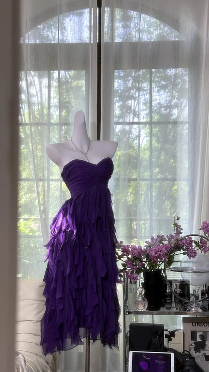 Striking Purple Strapless Sweetheart Ruched Bodice Layered Fringe A Line Midi Homecoming Dress AS2728