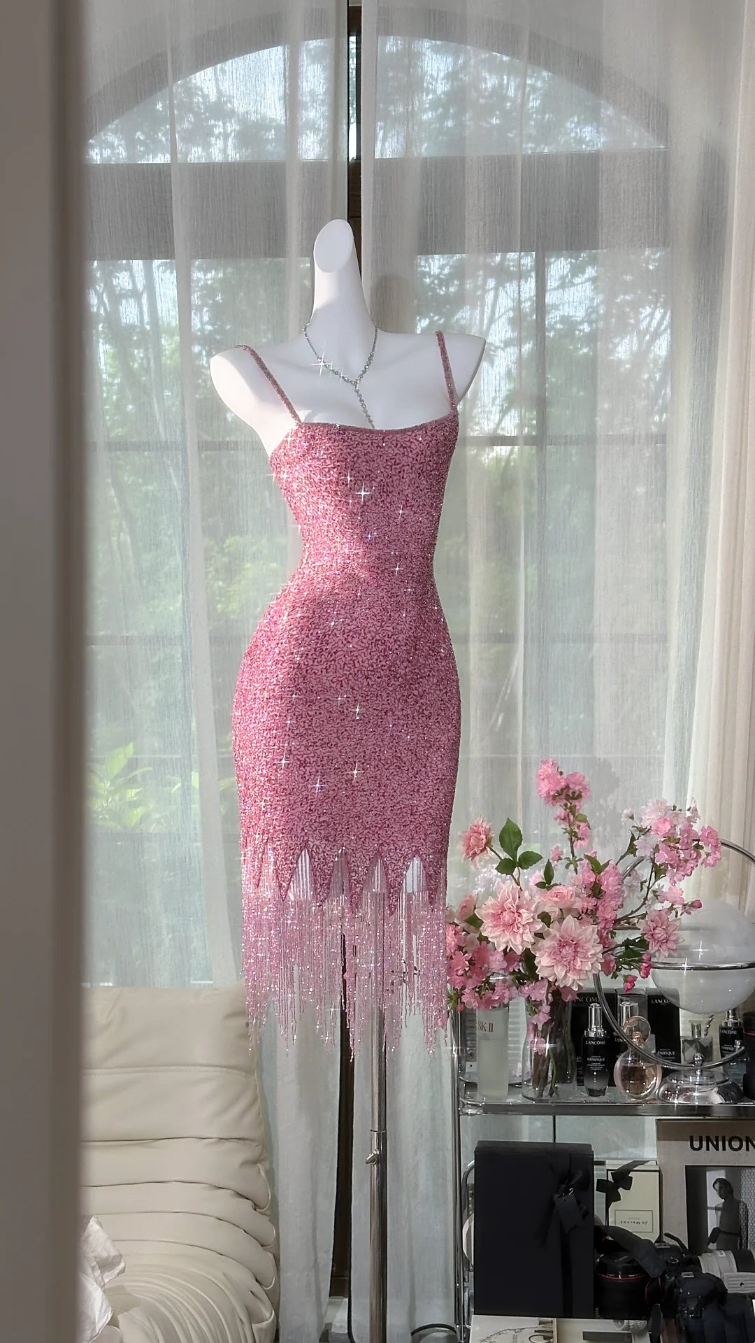 Glittery Pink Spaghetti Strap Sequin Bodycon Fringe Hem Short Homecoming Dress AS2729