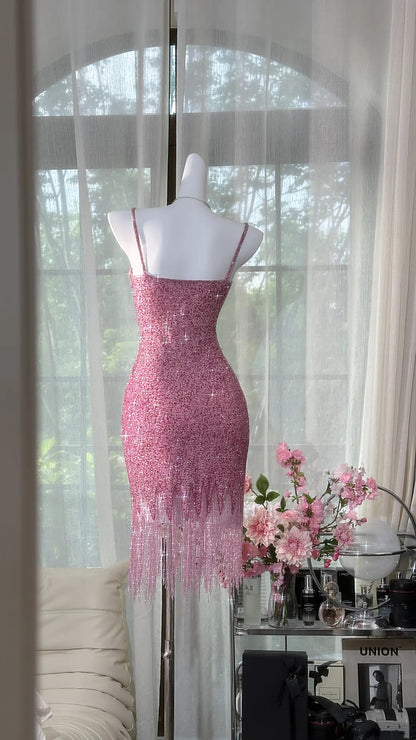 Glittery Pink Spaghetti Strap Sequin Bodycon Fringe Hem Short Homecoming Dress AS2729