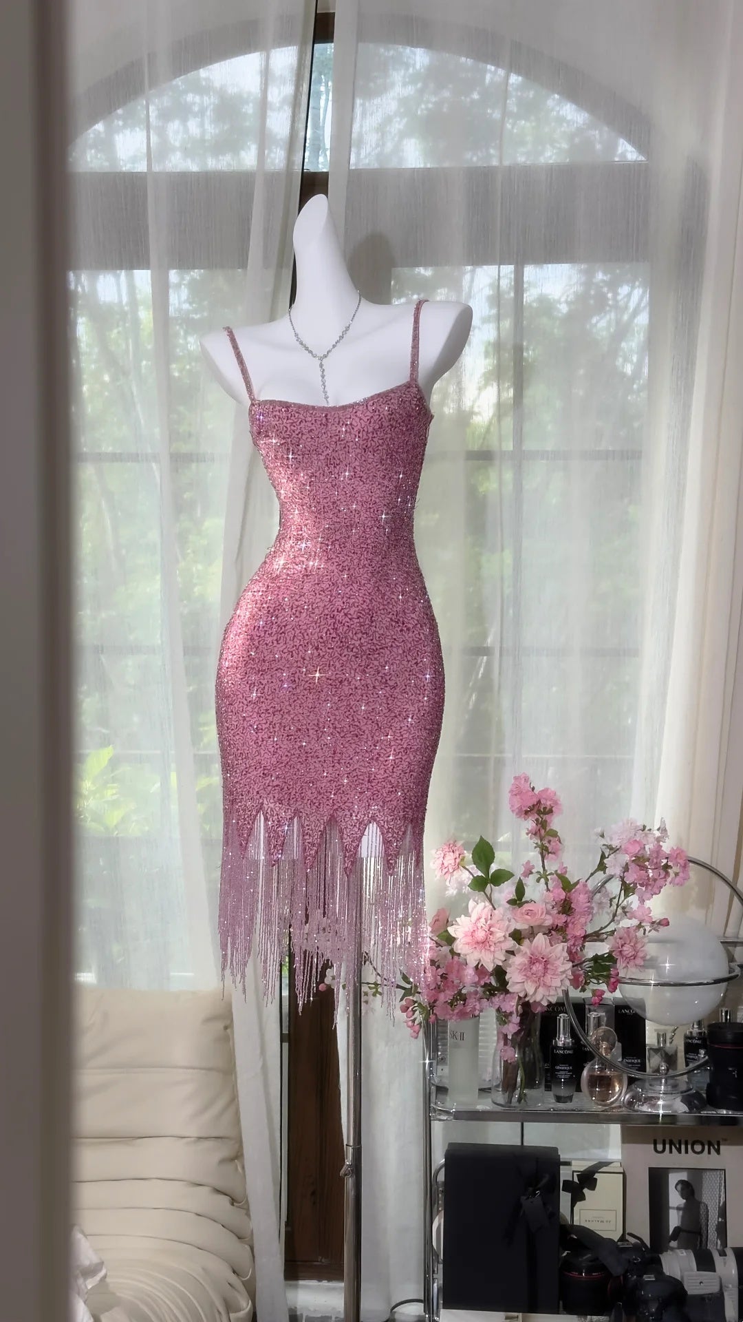 Glittery Pink Spaghetti Strap Sequin Bodycon Fringe Hem Short Homecoming Dress AS2729