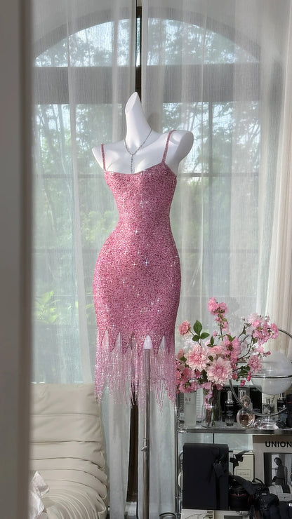 Glittery Pink Spaghetti Strap Sequin Bodycon Fringe Hem Short Homecoming Dress AS2729