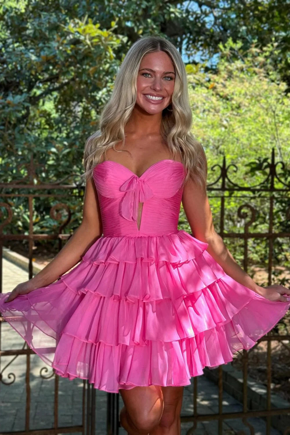 Chic Strapless Ruffle Tiered Chiffon Homecoming Dress With Front Bow AS273