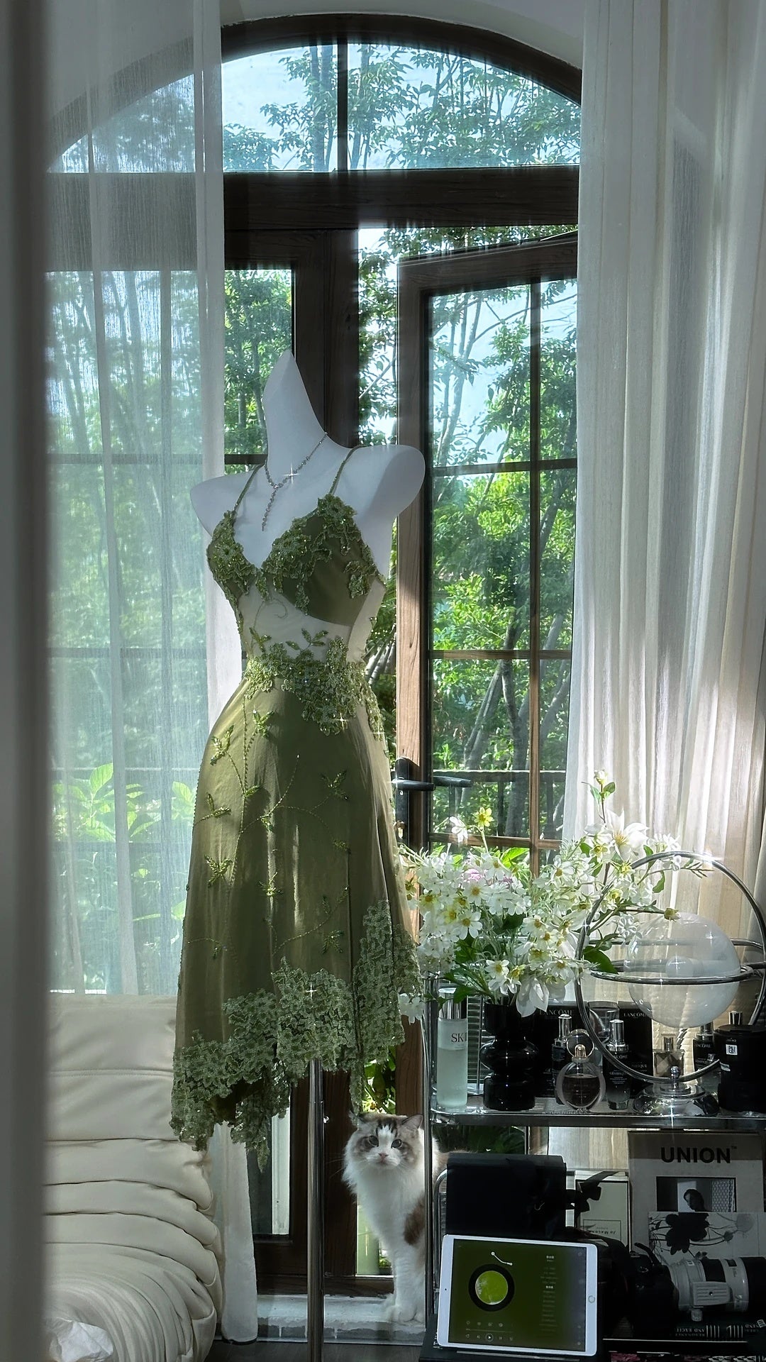Ethereal Olive Green Spaghetti Strap V Neck 3D Floral Beaded Lace Appliques Sheer Waist A Line Midi Homecoming Dress AS2730
