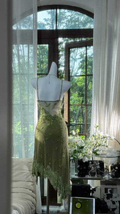 Ethereal Olive Green Spaghetti Strap V Neck 3D Floral Beaded Lace Appliques Sheer Waist A Line Midi Homecoming Dress AS2730
