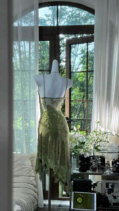 Ethereal Olive Green Spaghetti Strap V Neck 3D Floral Beaded Lace Appliques Sheer Waist A Line Midi Homecoming Dress AS2730