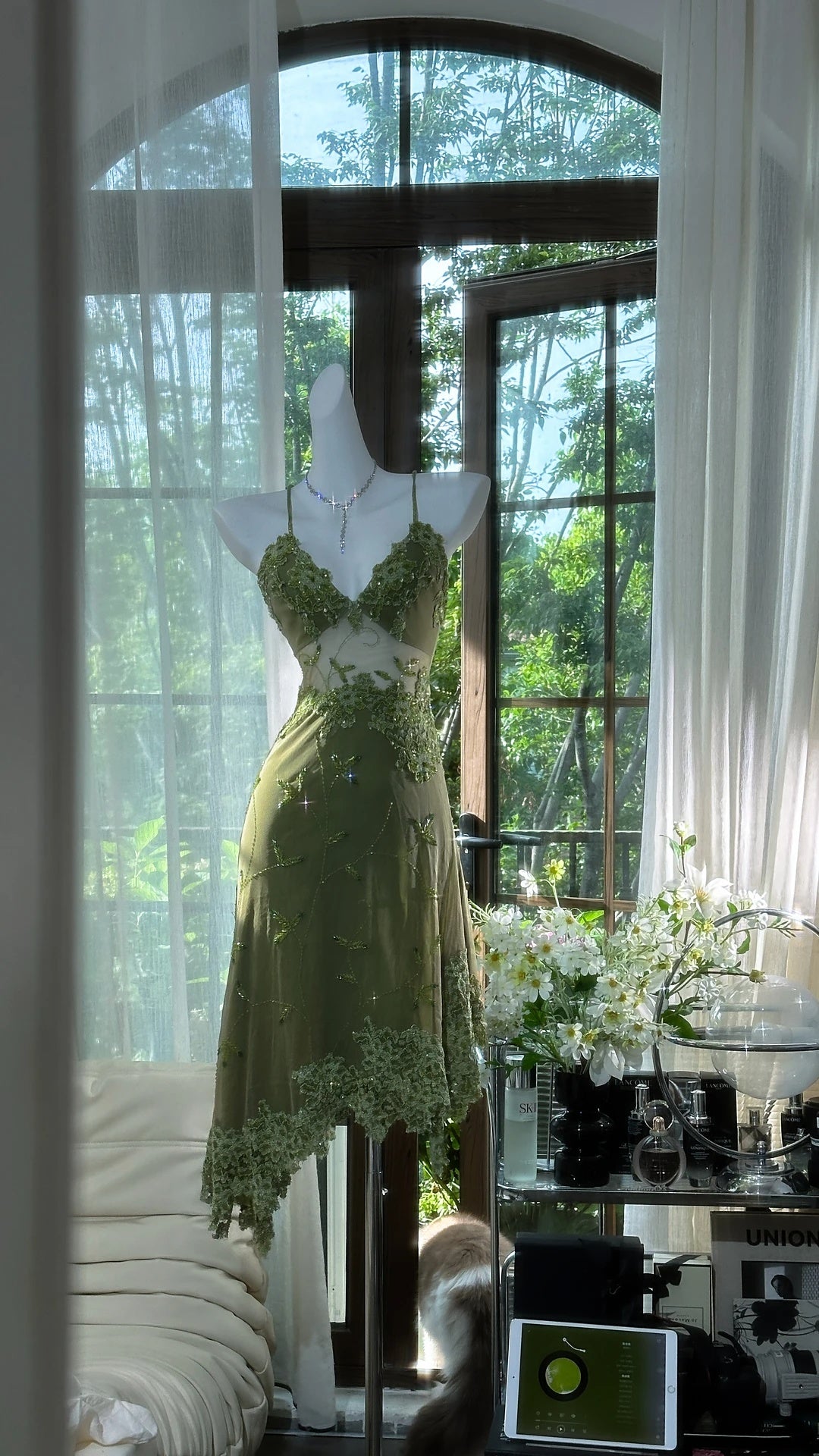 Ethereal Olive Green Spaghetti Strap V Neck 3D Floral Beaded Lace Appliques Sheer Waist A Line Midi Homecoming Dress AS2730