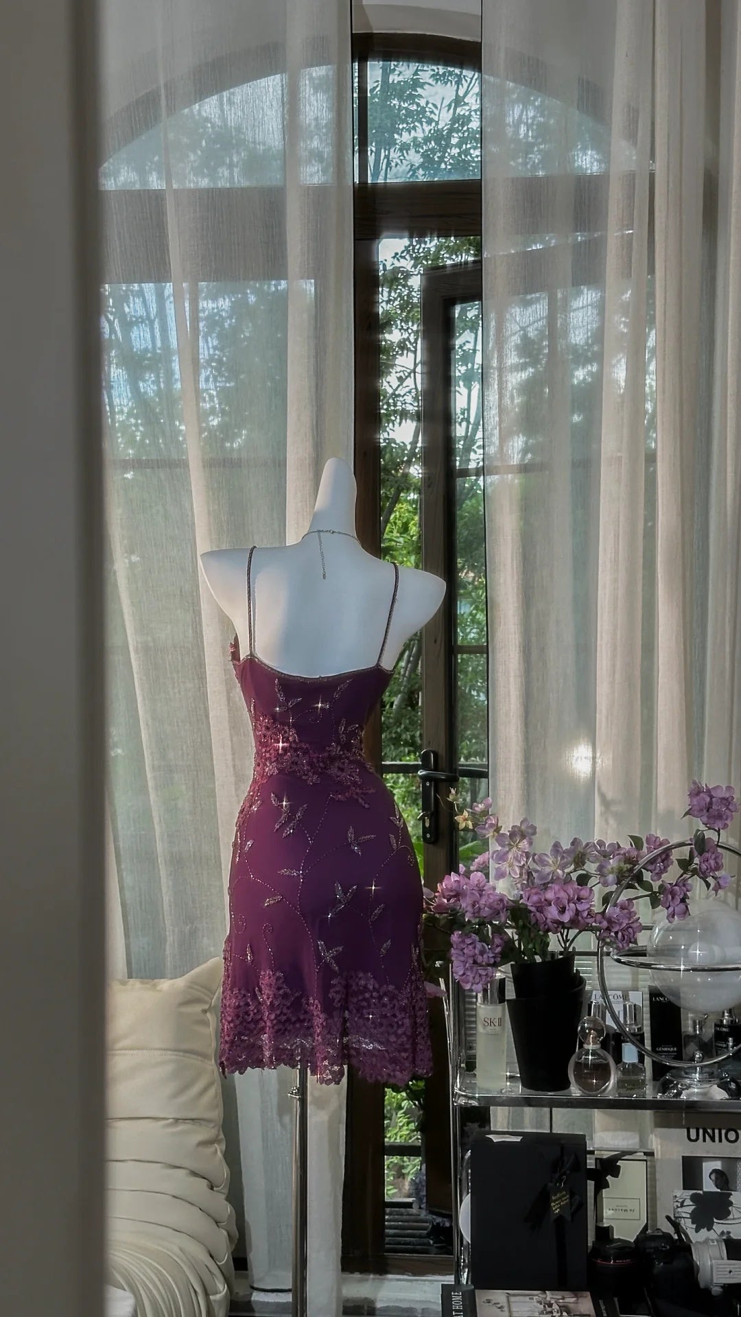 Glamorous Plum Spaghetti Strap V Neck 3D Floral Lace Beaded Bodycon Short Homecoming Dress AS2731