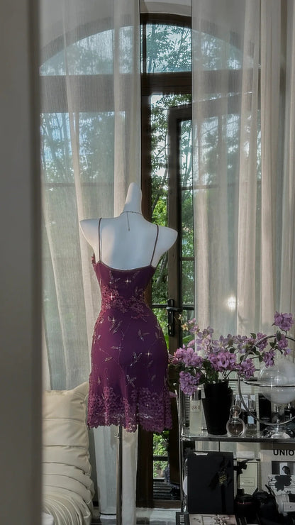 Glamorous Plum Spaghetti Strap V Neck 3D Floral Lace Beaded Bodycon Short Homecoming Dress AS2731