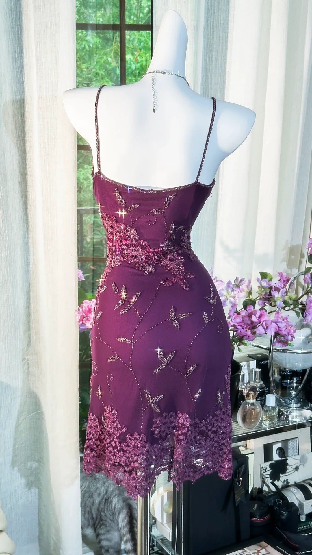 Glamorous Plum Spaghetti Strap V Neck 3D Floral Lace Beaded Bodycon Short Homecoming Dress AS2731