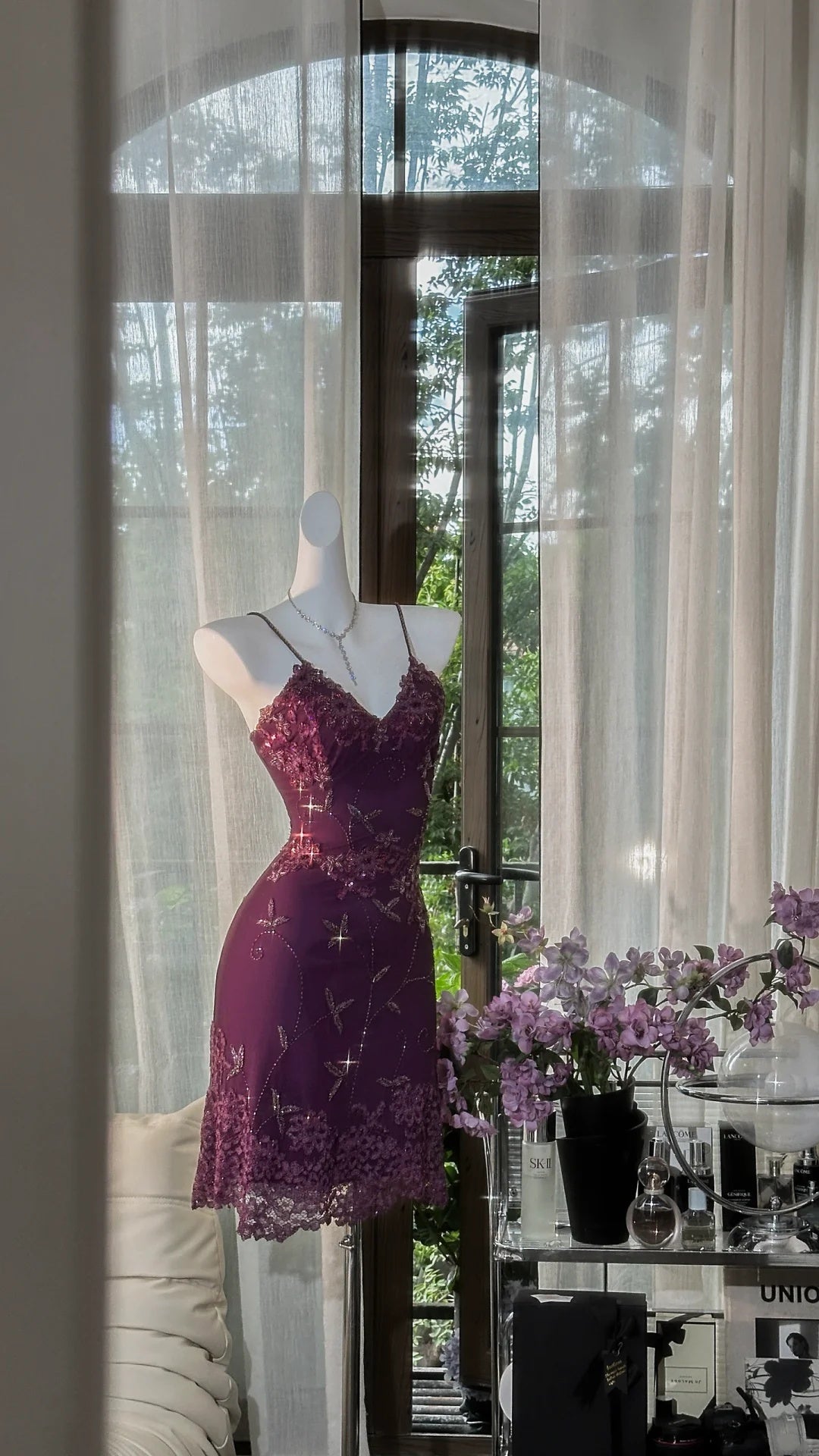 Glamorous Plum Spaghetti Strap V Neck 3D Floral Lace Beaded Bodycon Short Homecoming Dress AS2731