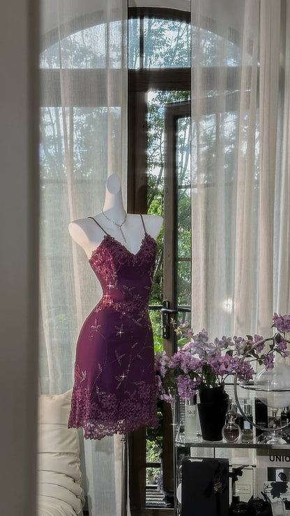Glamorous Plum Spaghetti Strap V Neck 3D Floral Lace Beaded Bodycon Short Homecoming Dress AS2731