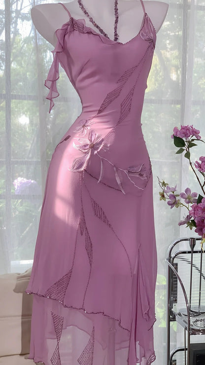 Delicate Lavender Spaghetti Strap V Neck Floral Beaded Chiffon Bodycon Midi Homecoming Dress AS2732