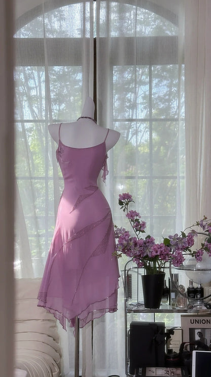 Delicate Lavender Spaghetti Strap V Neck Floral Beaded Chiffon Bodycon Midi Homecoming Dress AS2732