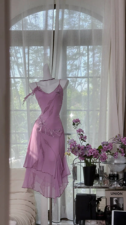 Delicate Lavender Spaghetti Strap V Neck Floral Beaded Chiffon Bodycon Midi Homecoming Dress AS2732