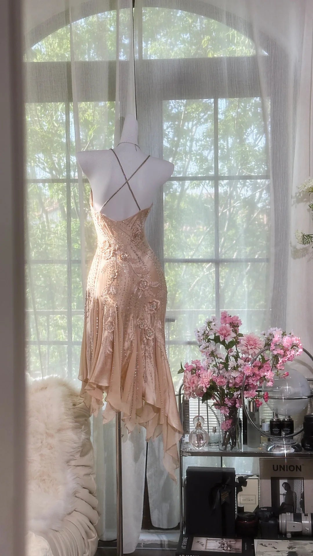 Luxery Champagne Birthday Dress Spaghetti Strap V Neck 3D Floral Rhinestone Beaded Mermaid Midi Homecoming Dress AS2733