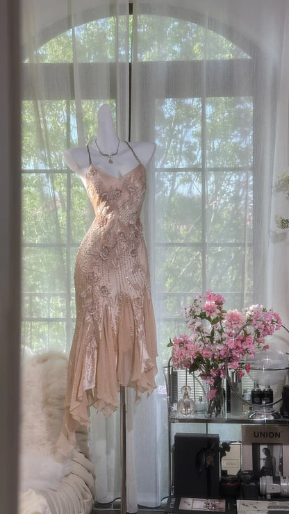 Luxery Champagne Birthday Dress Spaghetti Strap V Neck 3D Floral Rhinestone Beaded Mermaid Midi Homecoming Dress AS2733