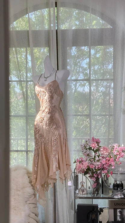 Luxery Champagne Birthday Dress Spaghetti Strap V Neck 3D Floral Rhinestone Beaded Mermaid Midi Homecoming Dress AS2733