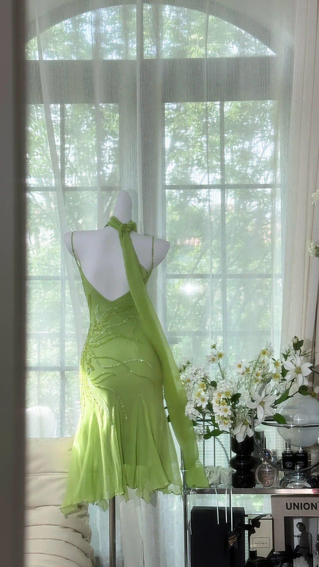 Fresh Lime Green Spaghetti Strap Cowl Neck Beaded Chiffon Mermaid Short Homecoming Dress With Matching Scarf AS2734