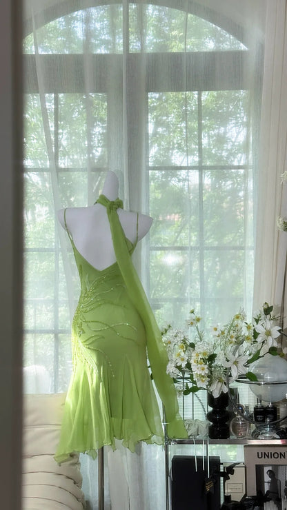 Fresh Lime Green Spaghetti Strap Cowl Neck Beaded Chiffon Mermaid Short Homecoming Dress With Matching Scarf AS2734