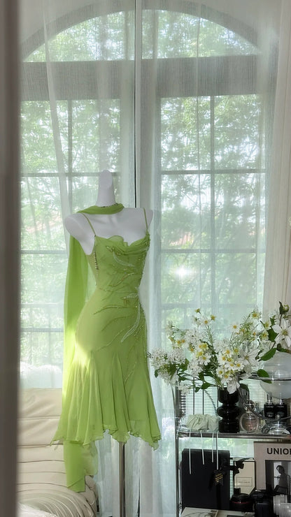 Fresh Lime Green Spaghetti Strap Cowl Neck Beaded Chiffon Mermaid Short Homecoming Dress With Matching Scarf AS2734