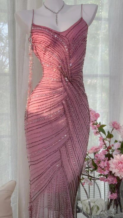 Radiant Pink Spaghetti Strap Beaded Tassel Fringe Mermaid Midi Homecoming Dress AS2735