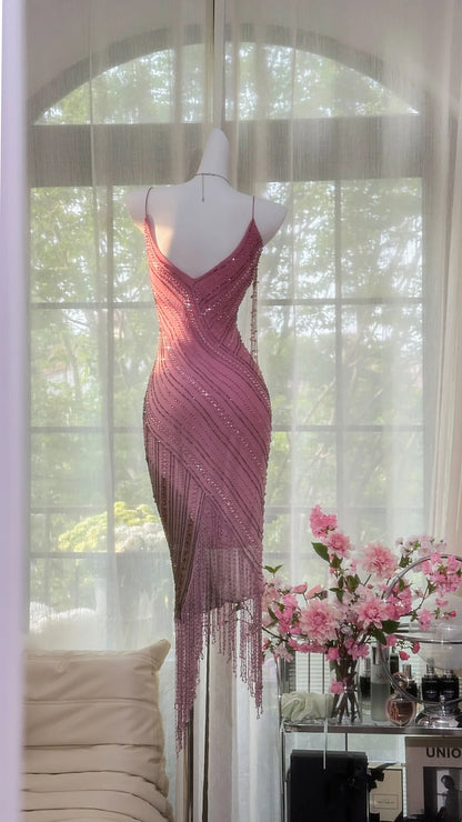 Radiant Pink Spaghetti Strap Beaded Tassel Fringe Mermaid Midi Homecoming Dress AS2735