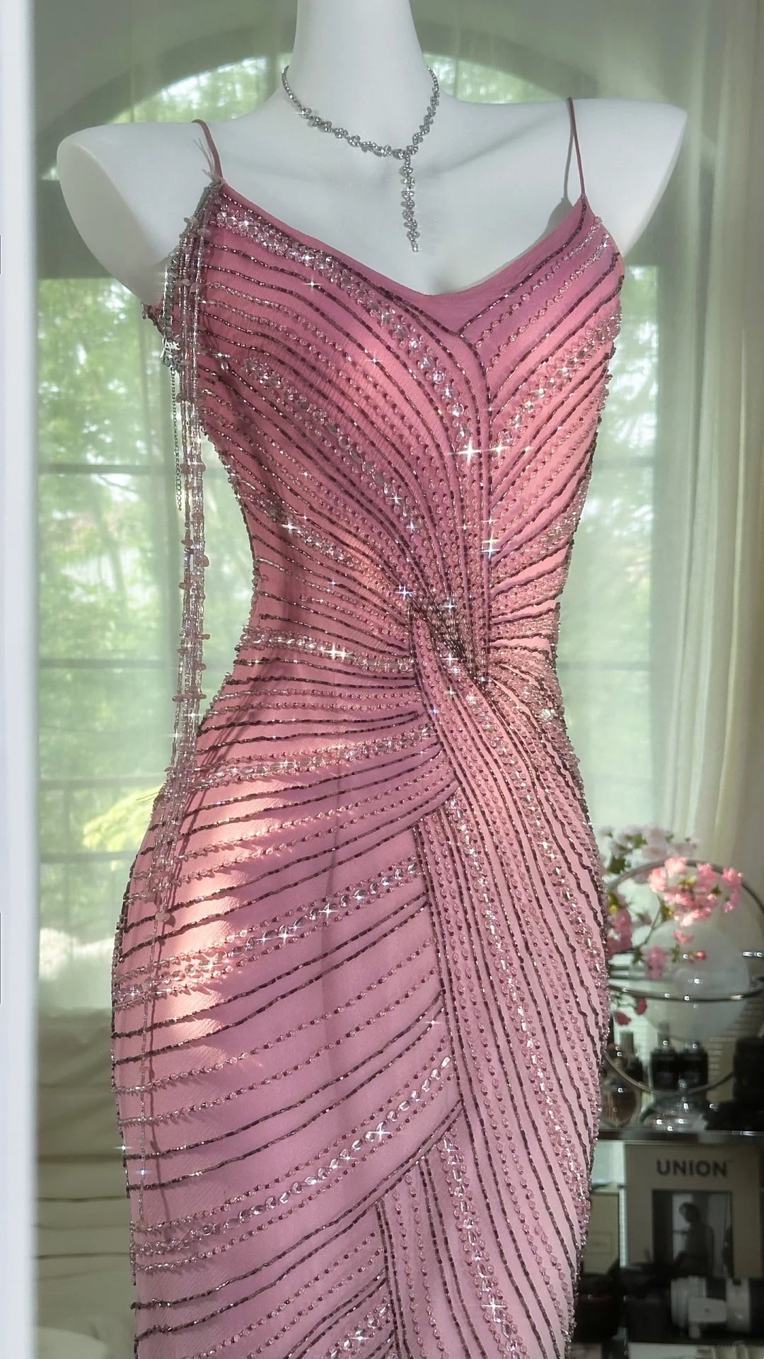 Radiant Pink Spaghetti Strap Beaded Tassel Fringe Mermaid Midi Homecoming Dress AS2735