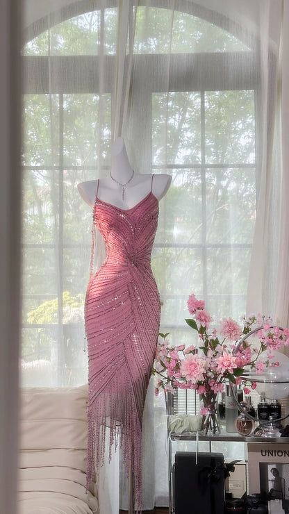 Radiant Pink Spaghetti Strap Beaded Tassel Fringe Mermaid Midi Homecoming Dress AS2735