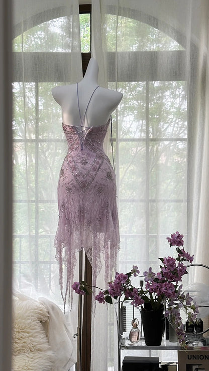 Enchanting Dusty Lavender Strapless Beaded Lace Irregular Tassel Bodycon Short Homecoming Dress AS2736