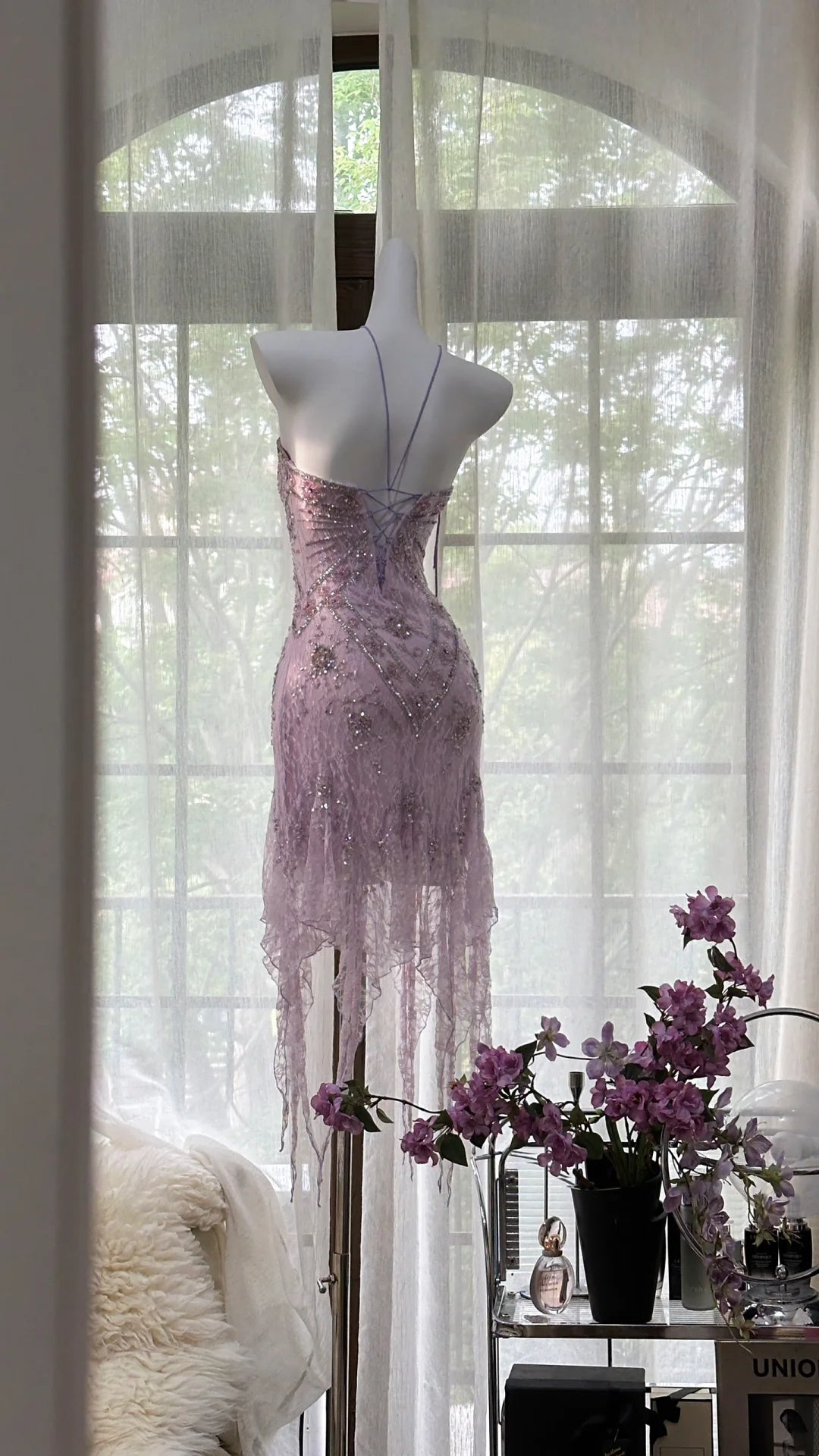 Enchanting Dusty Lavender Strapless Beaded Lace Irregular Tassel Bodycon Short Homecoming Dress AS2736