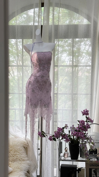 Enchanting Dusty Lavender Strapless Beaded Lace Irregular Tassel Bodycon Short Homecoming Dress AS2736